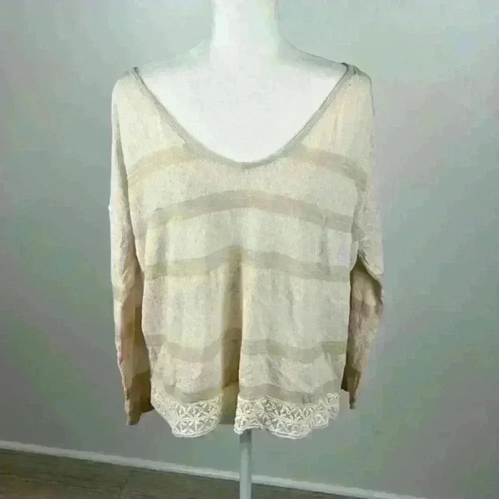 Free People Tan V-Neck Long Sleeve Top Size M
